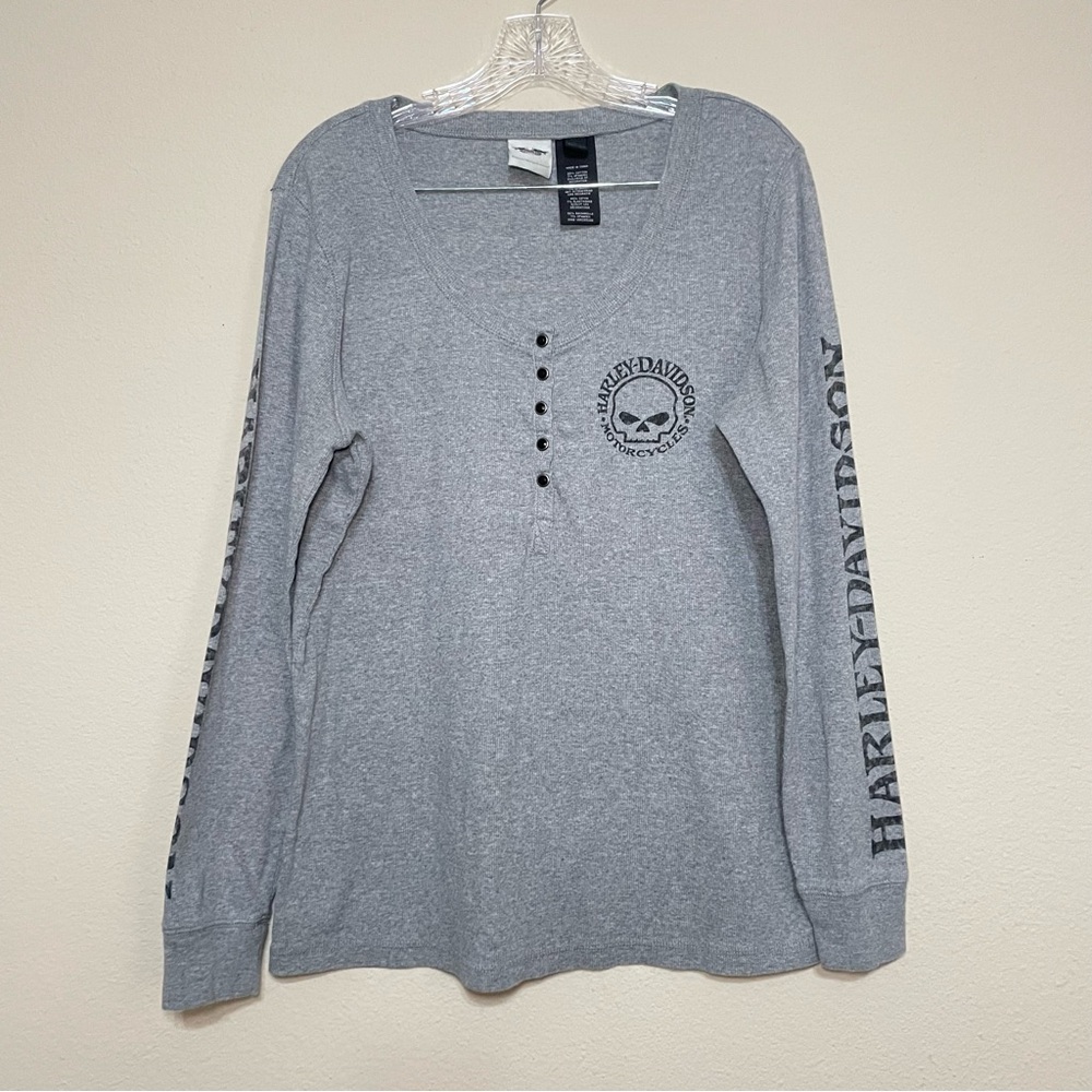 Harley Davidson Gray Henley Ribbed Long Sleeve Shirt Skull Gem Buttons Sz 1W